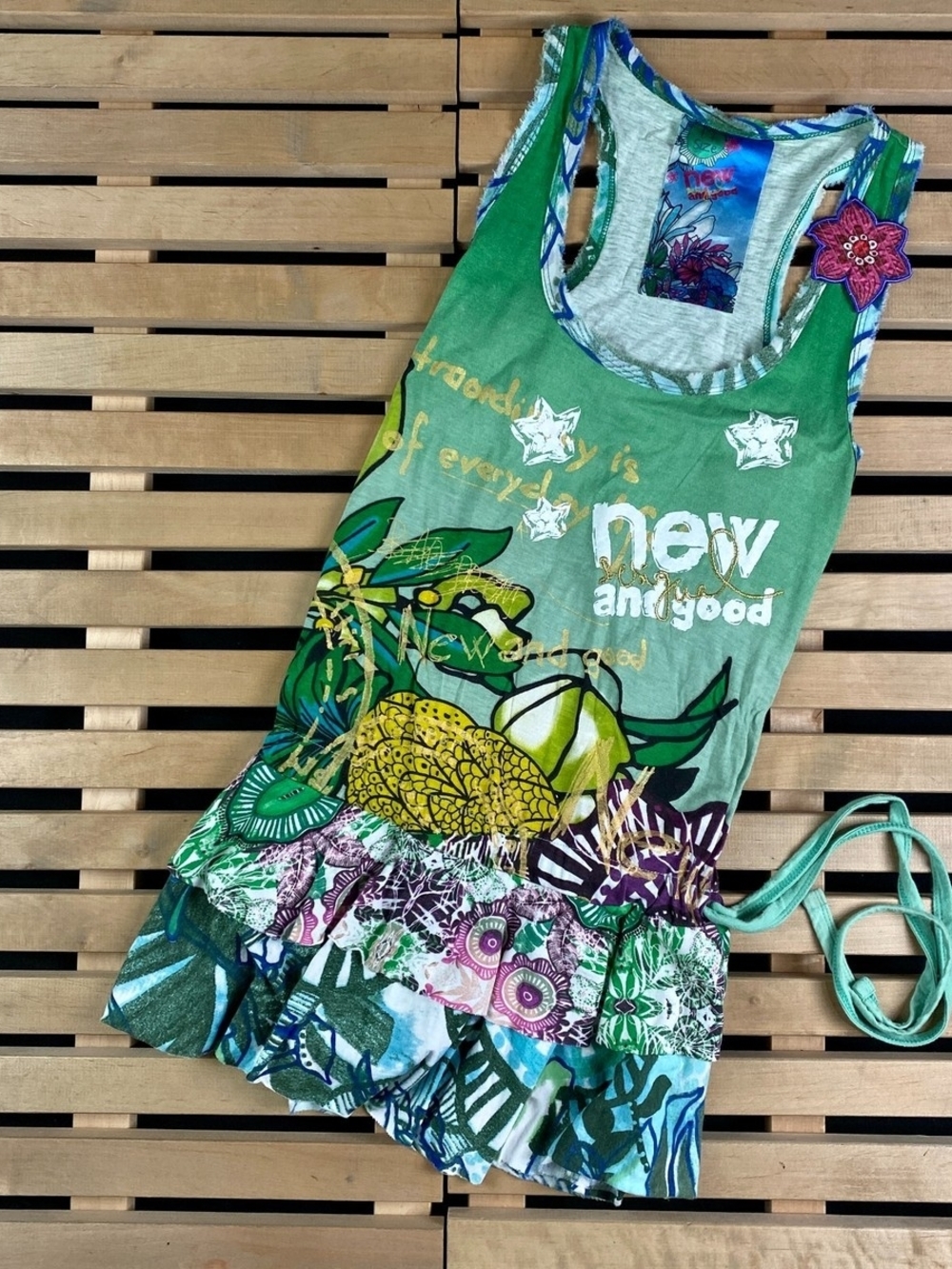 Desigual Green Multi-Print Ruffle-Hem Tank Top
